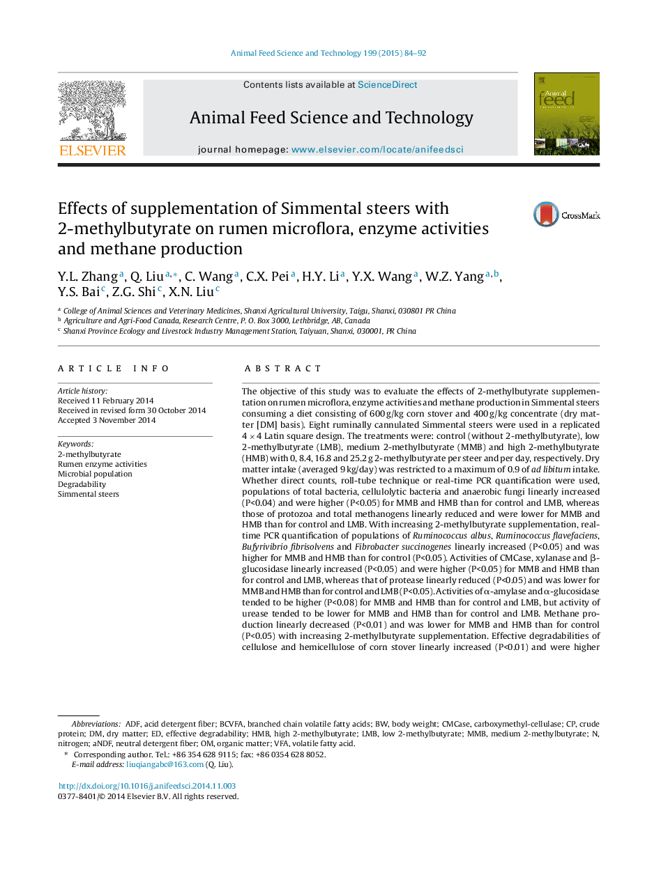 Effects of supplementation of Simmental steers with 2-methylbutyrate on rumen microflora, enzyme activities and methane production