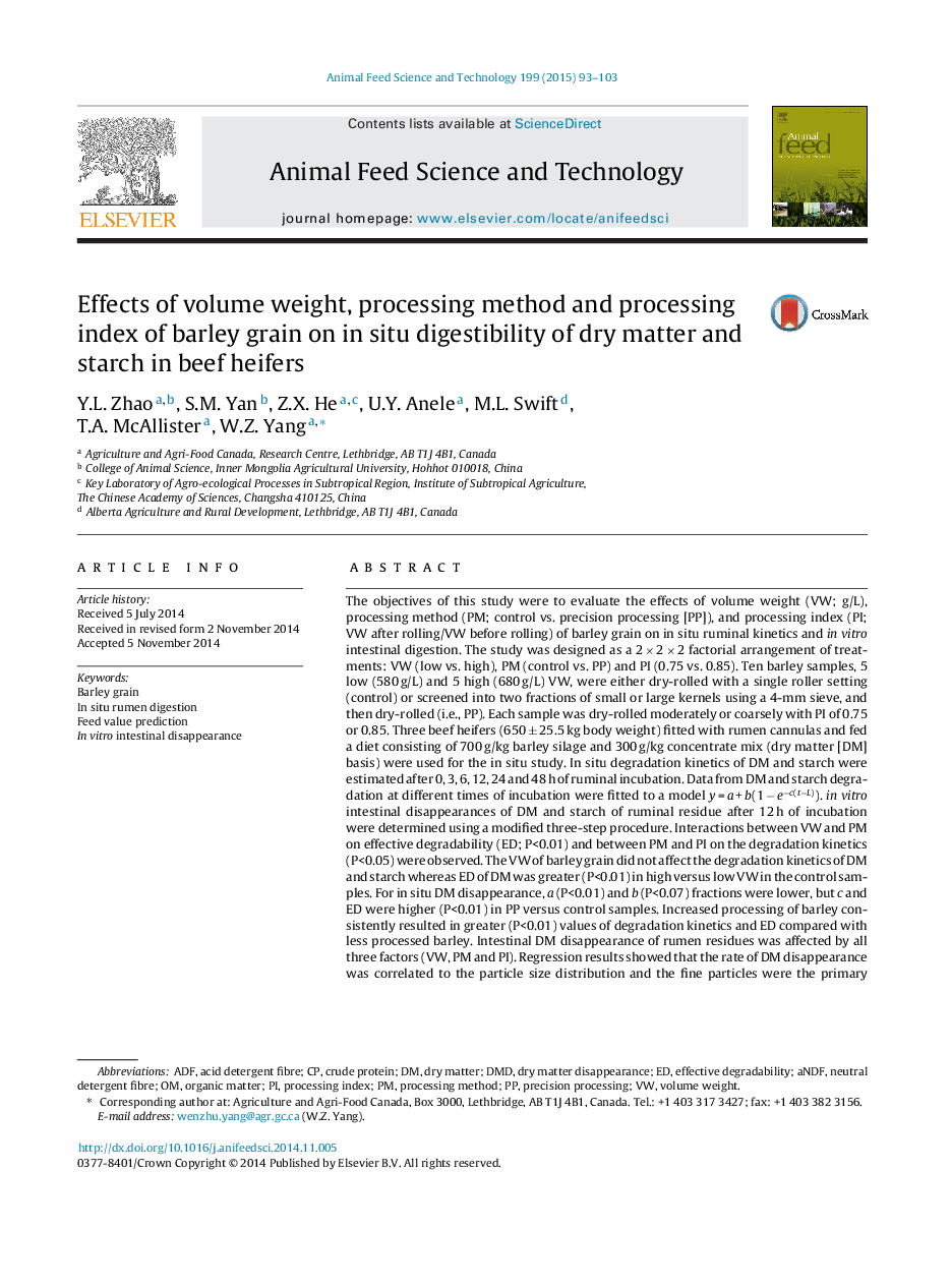 Effects of volume weight, processing method and processing index of barley grain on in situ digestibility of dry matter and starch in beef heifers