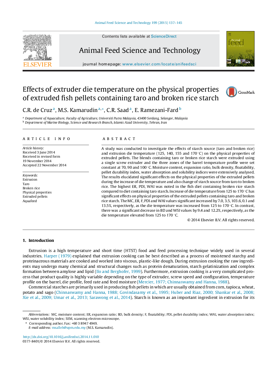 Effects of extruder die temperature on the physical properties of extruded fish pellets containing taro and broken rice starch