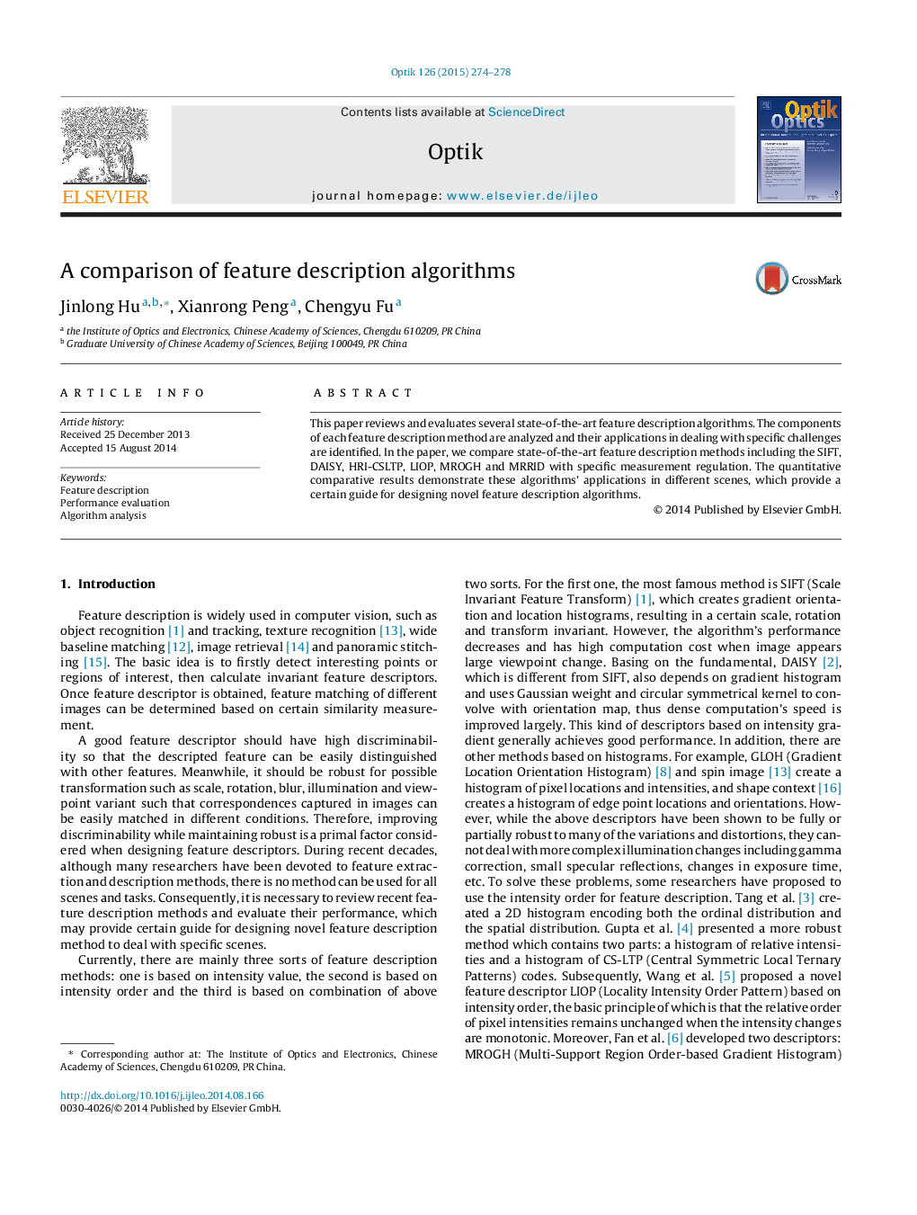 A comparison of feature description algorithms