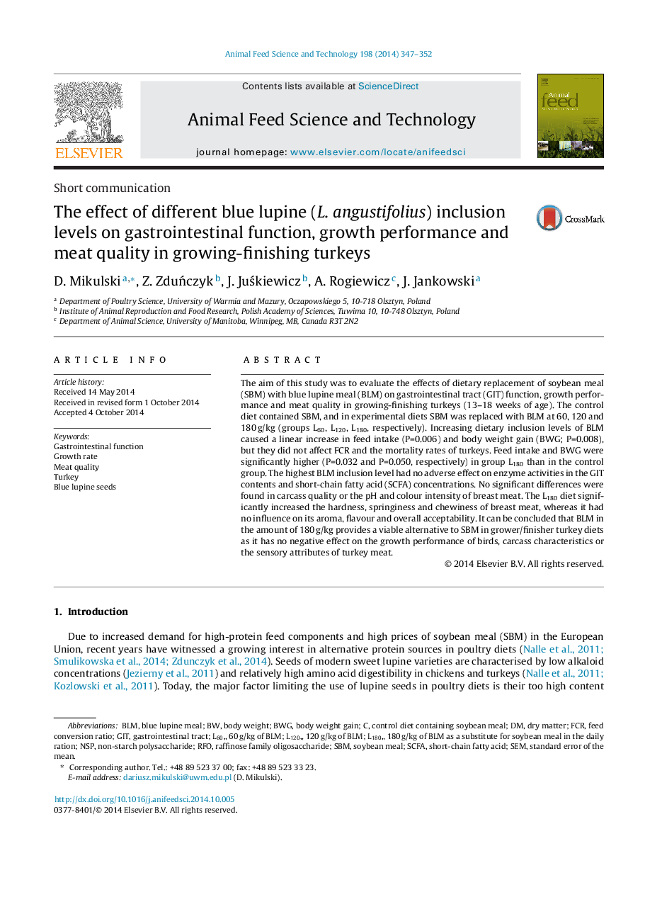 The effect of different blue lupine (L. angustifolius) inclusion levels on gastrointestinal function, growth performance and meat quality in growing-finishing turkeys