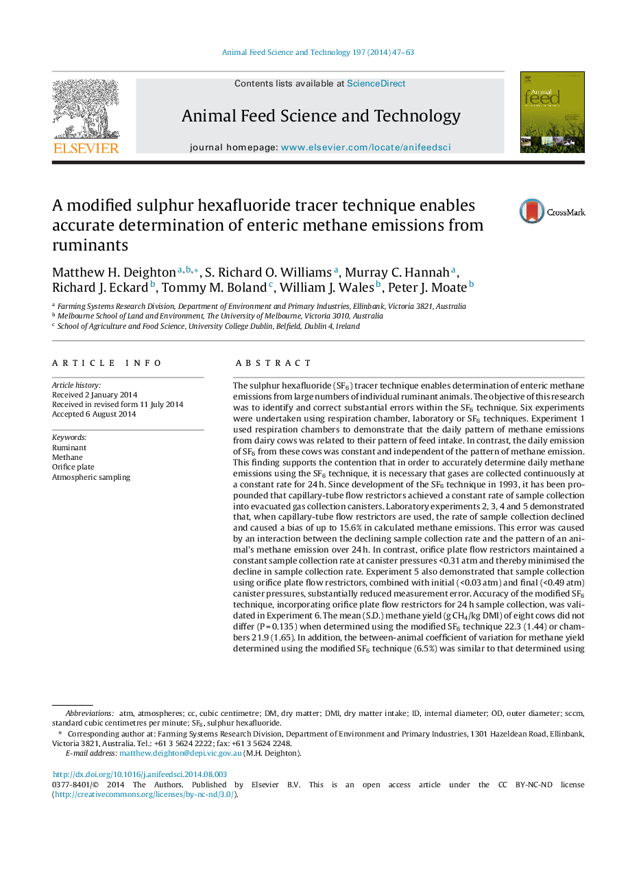 A modified sulphur hexafluoride tracer technique enables accurate determination of enteric methane emissions from ruminants