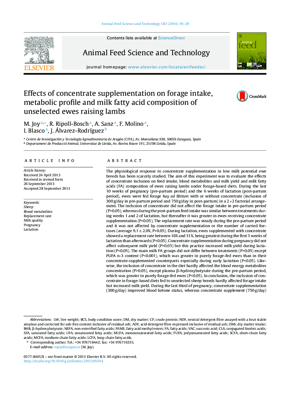 Effects of concentrate supplementation on forage intake, metabolic profile and milk fatty acid composition of unselected ewes raising lambs