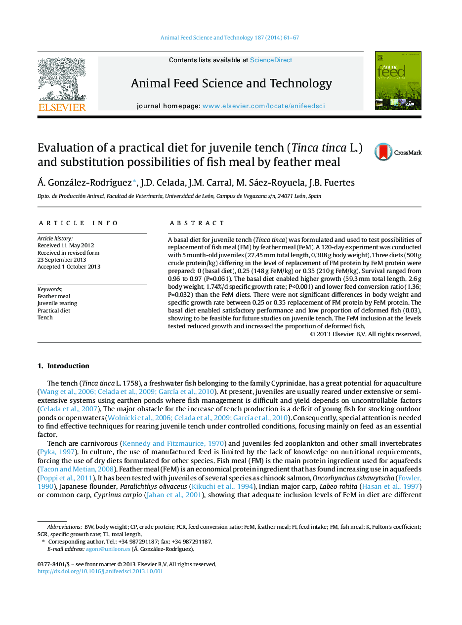 Evaluation of a practical diet for juvenile tench (Tinca tinca L.) and substitution possibilities of fish meal by feather meal