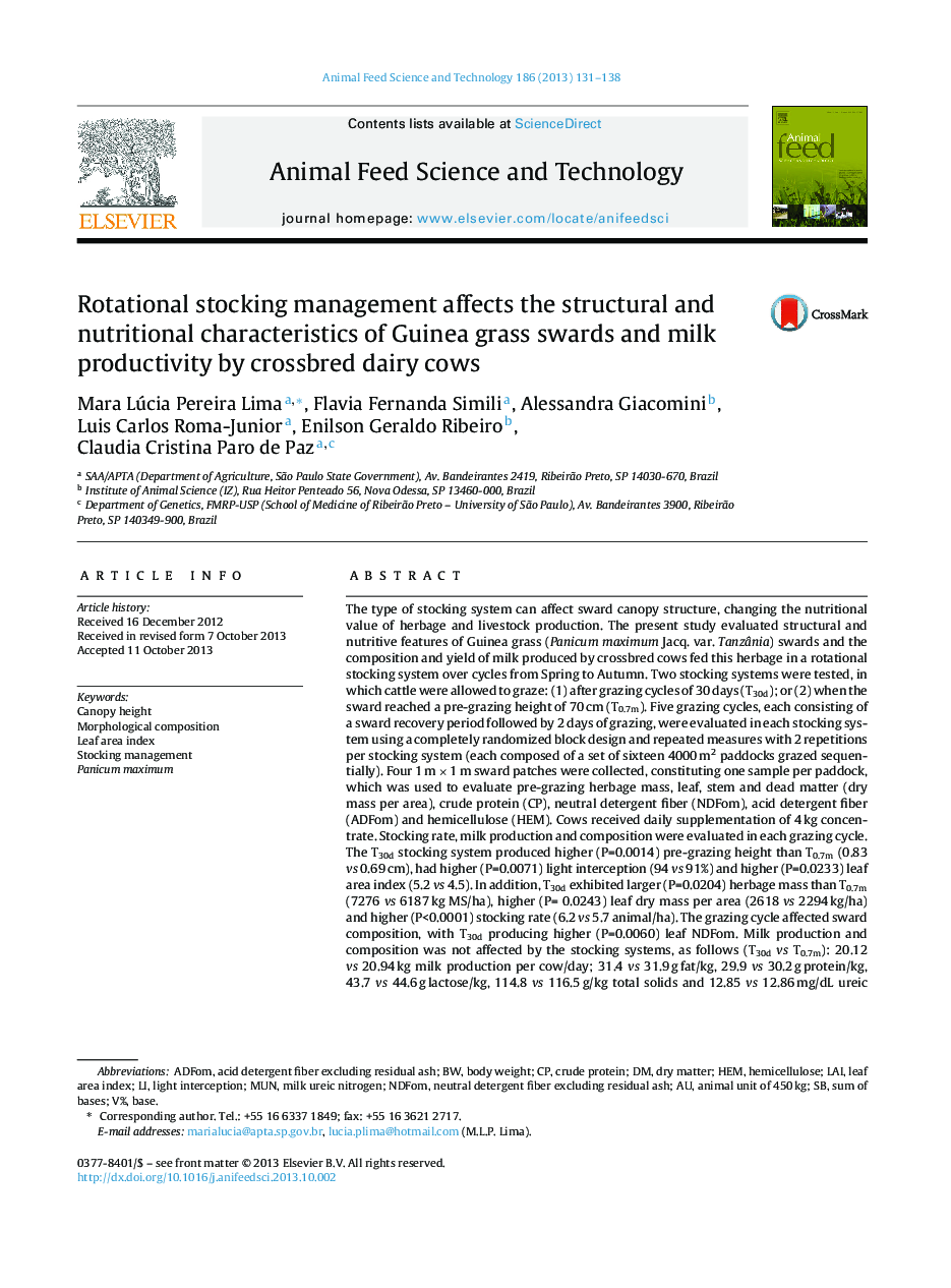 Rotational stocking management affects the structural and nutritional characteristics of Guinea grass swards and milk productivity by crossbred dairy cows