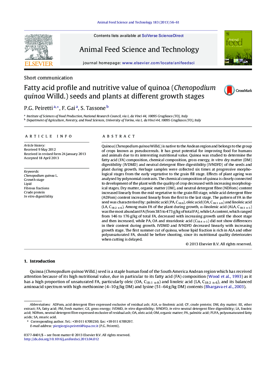 Fatty acid profile and nutritive value of quinoa (Chenopodium quinoa Willd.) seeds and plants at different growth stages