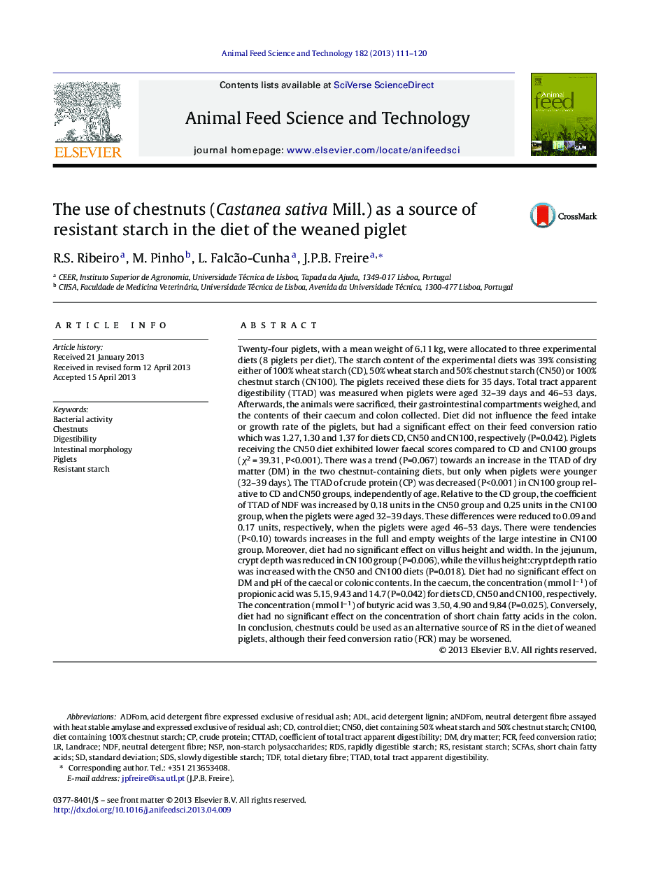 The use of chestnuts (Castanea sativa Mill.) as a source of resistant starch in the diet of the weaned piglet