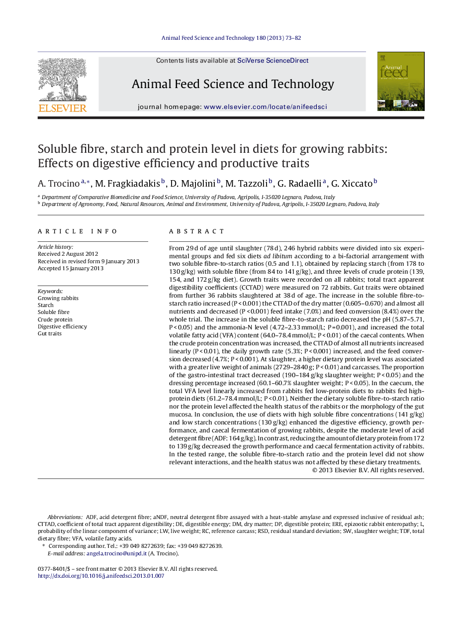 Soluble fibre, starch and protein level in diets for growing rabbits: Effects on digestive efficiency and productive traits