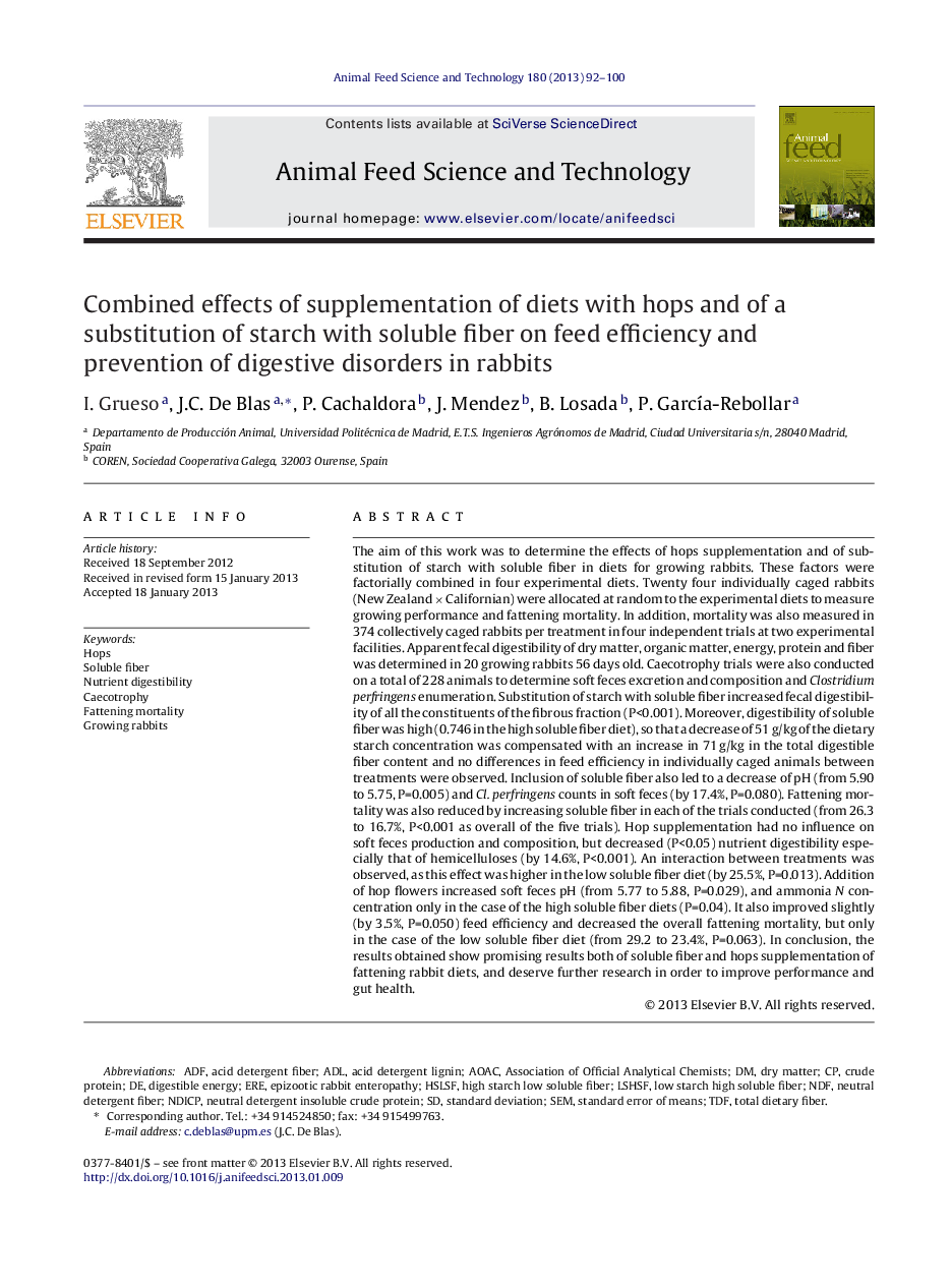 Combined effects of supplementation of diets with hops and of a substitution of starch with soluble fiber on feed efficiency and prevention of digestive disorders in rabbits