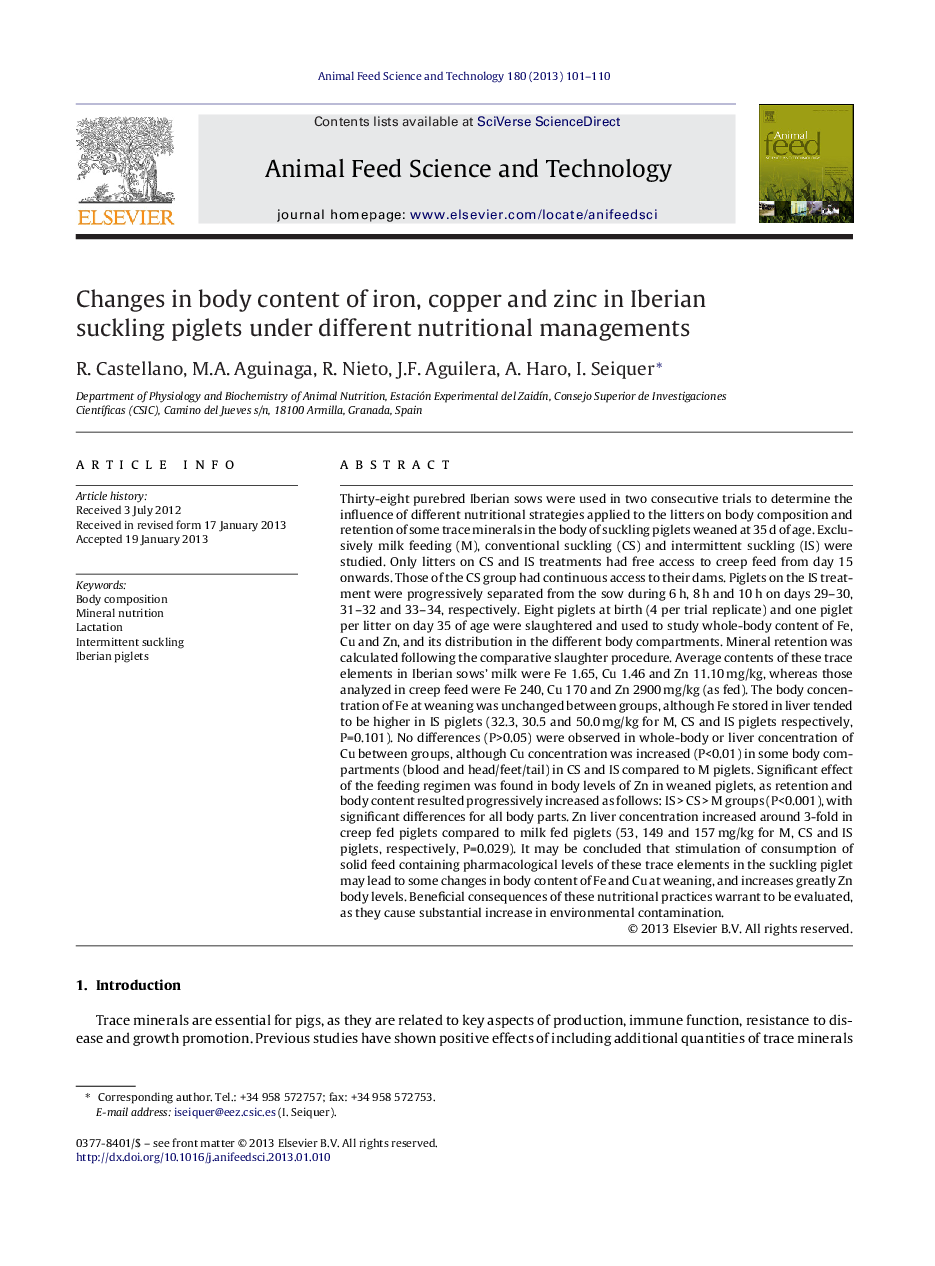 Changes in body content of iron, copper and zinc in Iberian suckling piglets under different nutritional managements