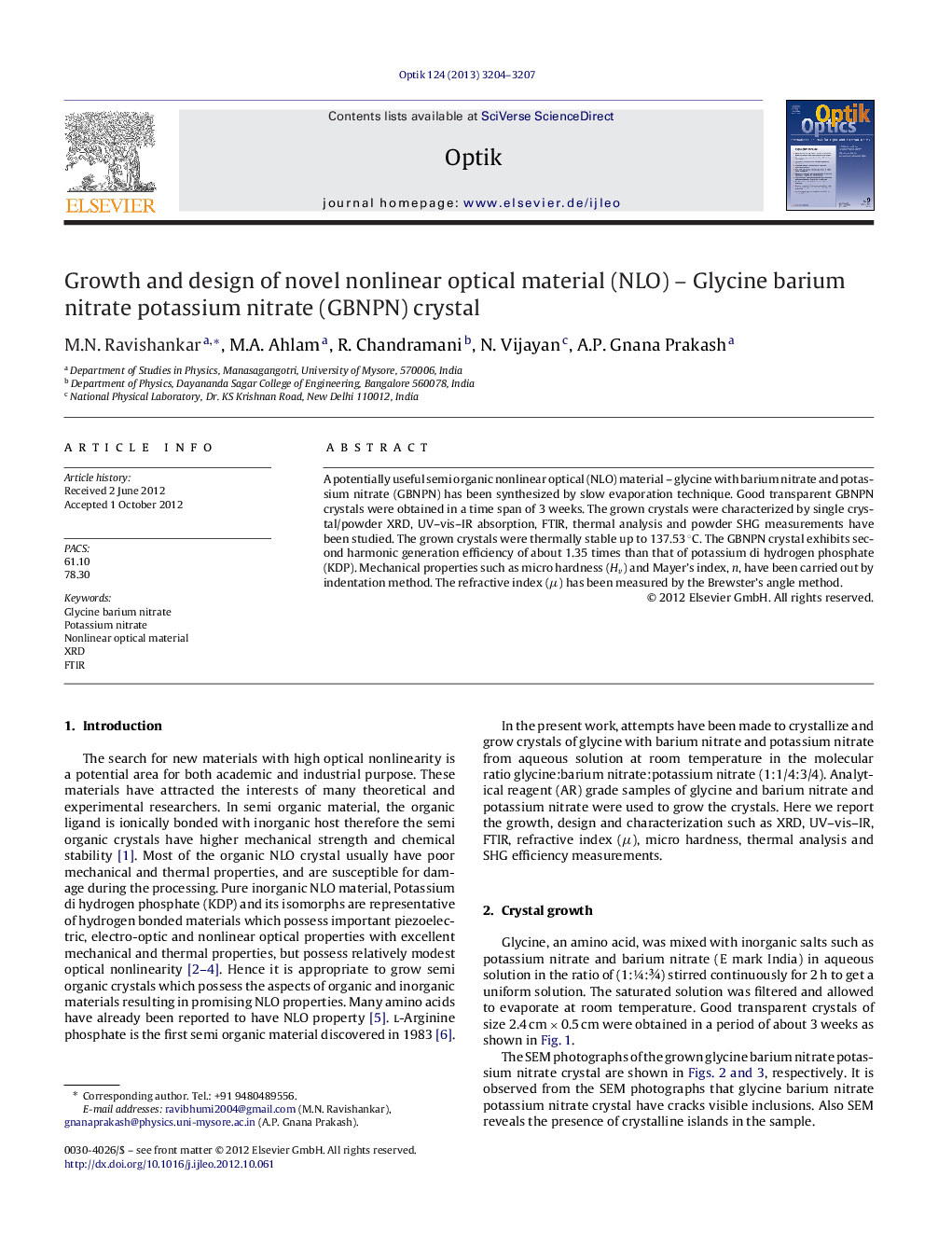 Growth and design of novel nonlinear optical material (NLO) ⿿ Glycine barium nitrate potassium nitrate (GBNPN) crystal