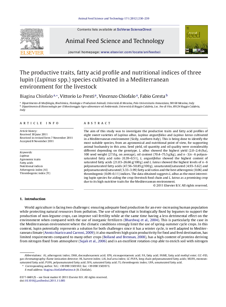 The productive traits, fatty acid profile and nutritional indices of three lupin (Lupinus spp.) species cultivated in a Mediterranean environment for the livestock