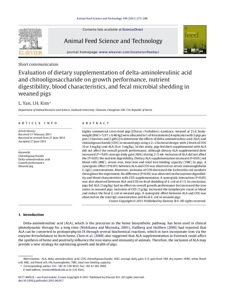 Evaluation of dietary supplementation of delta-aminolevulinic acid and chitooligosaccharide on growth performance, nutrient digestibility, blood characteristics, and fecal microbial shedding in weaned pigs