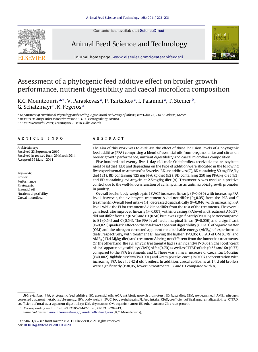 Assessment of a phytogenic feed additive effect on broiler growth performance, nutrient digestibility and caecal microflora composition