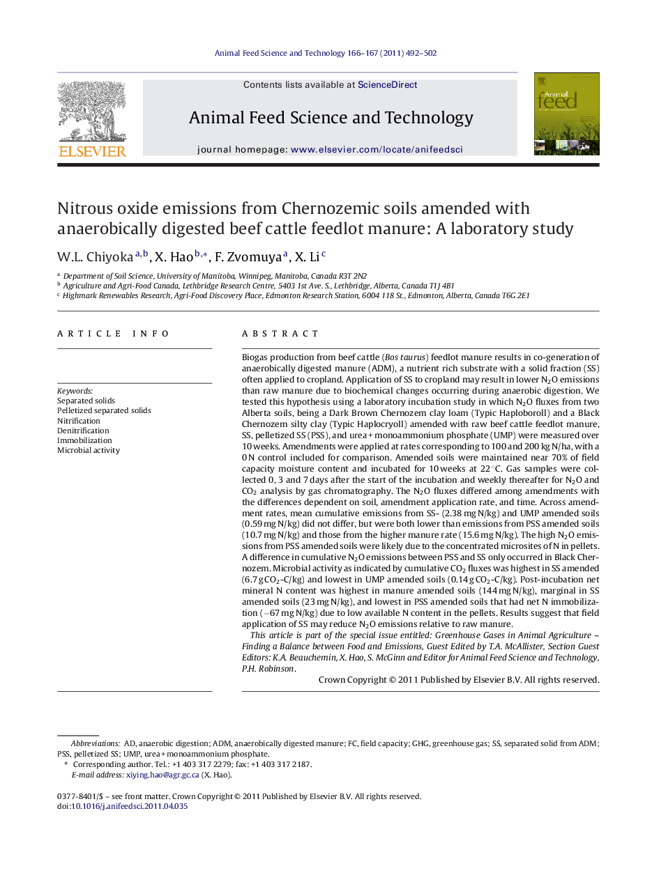 عکس صفحه اول مقاله: Nitrous oxide emissions from Chernozemic soils amended with anaerobically digested beef cattle feedlot manure: A laboratory study Nitrous oxide emissions from Chernozemic soils amended with anaerobically digested beef cattle feedlot manure: A laboratory study