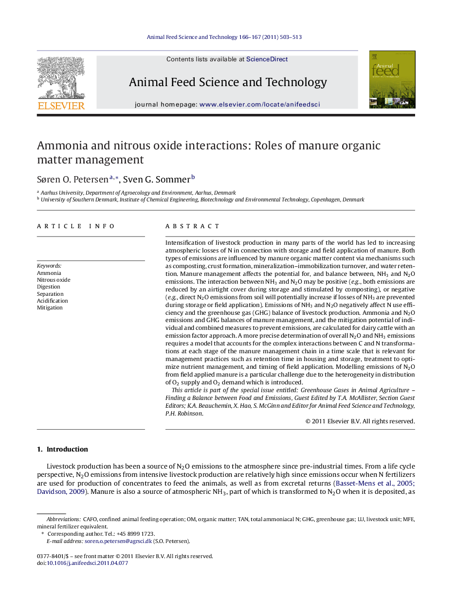 Ammonia and nitrous oxide interactions: Roles of manure organic matter management