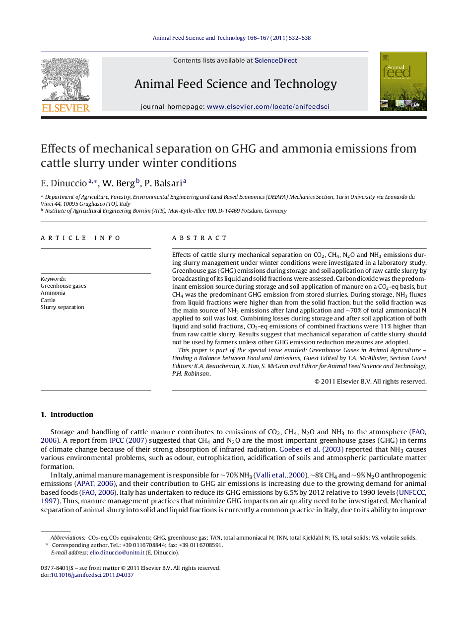 Effects of mechanical separation on GHG and ammonia emissions from cattle slurry under winter conditions