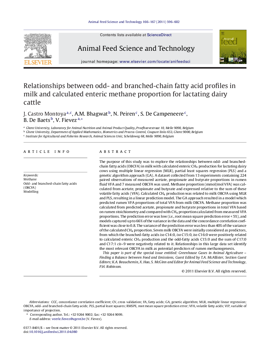 Relationships between odd- and branched-chain fatty acid profiles in milk and calculated enteric methane proportion for lactating dairy cattle