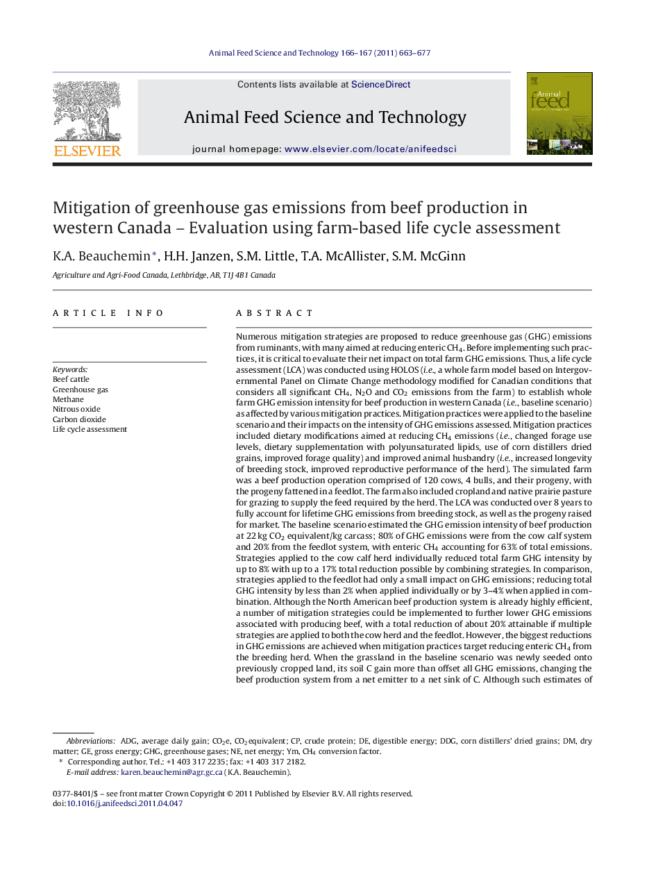 Mitigation of greenhouse gas emissions from beef production in western Canada - Evaluation using farm-based life cycle assessment