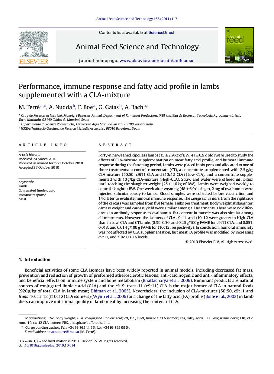 Performance, immune response and fatty acid profile in lambs supplemented with a CLA-mixture