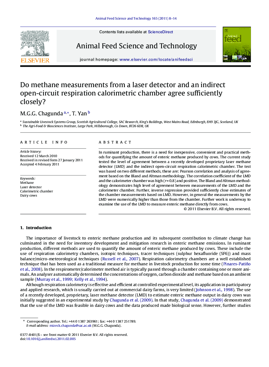 Do methane measurements from a laser detector and an indirect open-circuit respiration calorimetric chamber agree sufficiently closely?