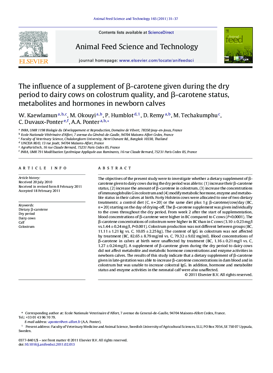 The influence of a supplement of Î²-carotene given during the dry period to dairy cows on colostrum quality, and Î²-carotene status, metabolites and hormones in newborn calves