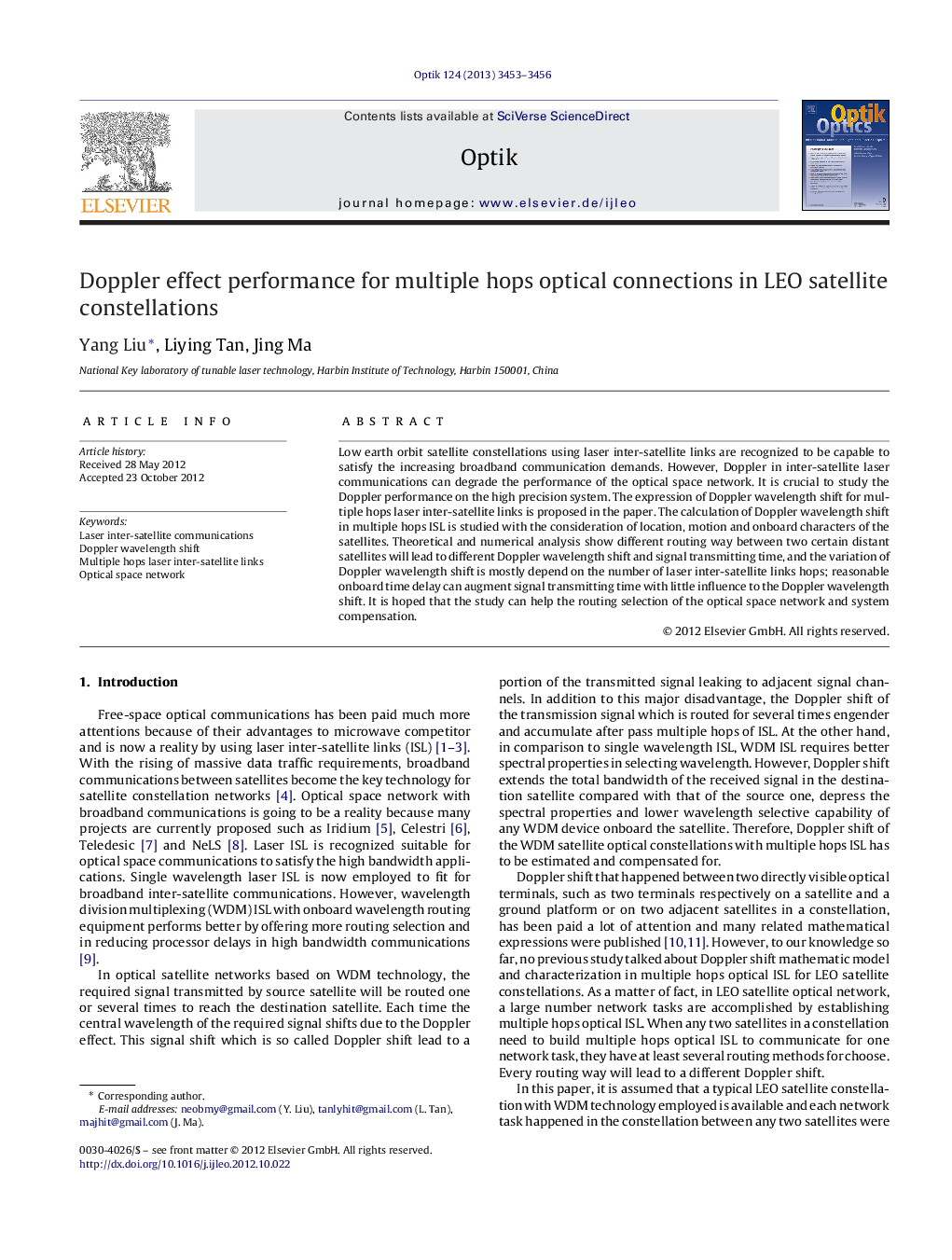 Doppler effect performance for multiple hops optical connections in LEO satellite constellations