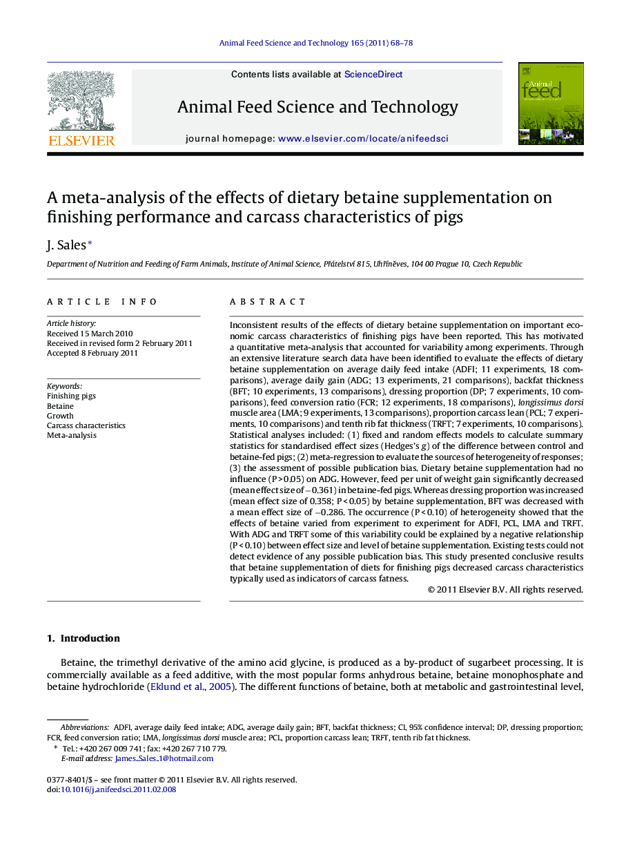 A meta-analysis of the effects of dietary betaine supplementation on finishing performance and carcass characteristics of pigs