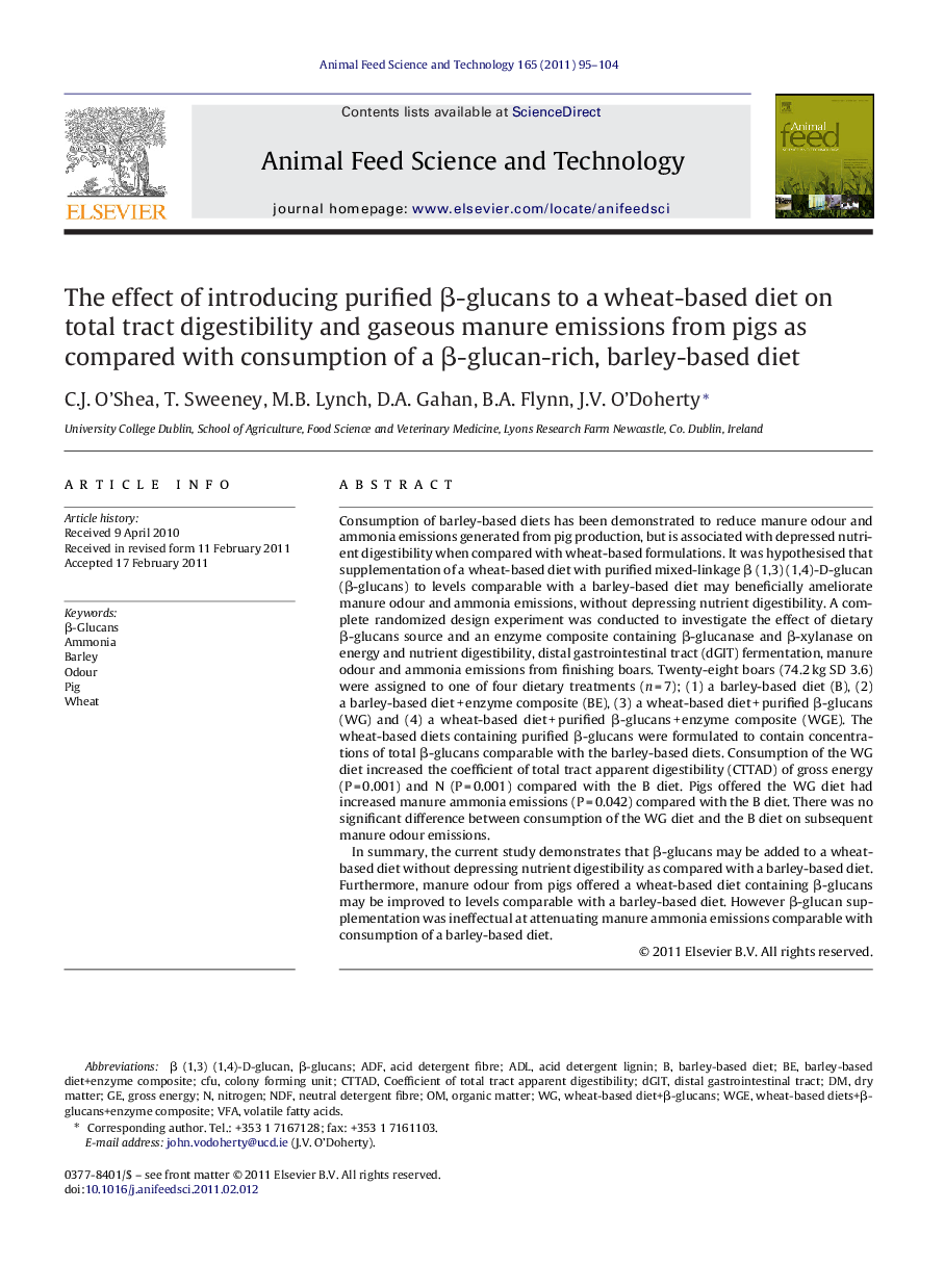 The effect of introducing purified Î²-glucans to a wheat-based diet on total tract digestibility and gaseous manure emissions from pigs as compared with consumption of a Î²-glucan-rich, barley-based diet