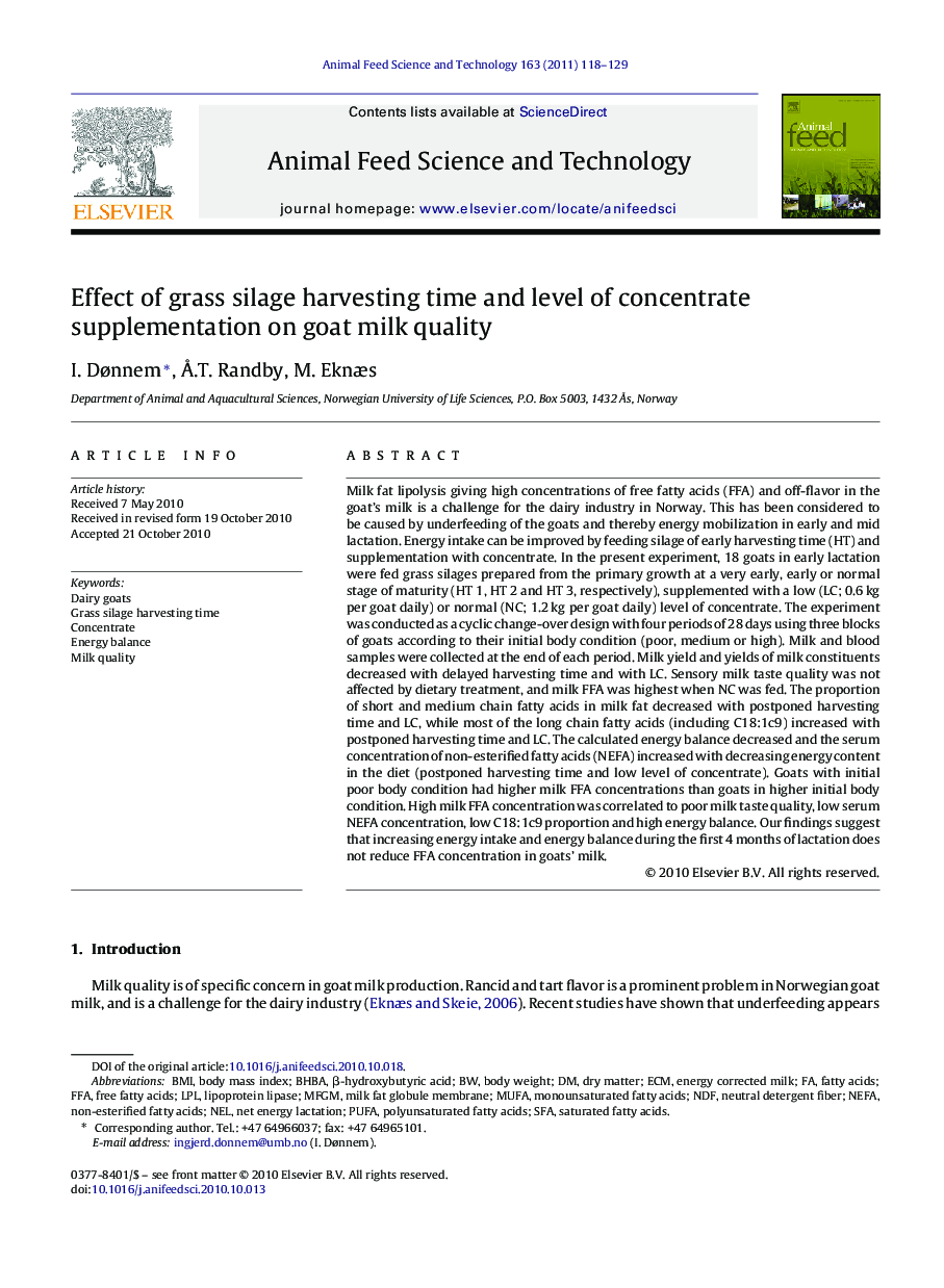 Effect of grass silage harvesting time and level of concentrate supplementation on goat milk quality