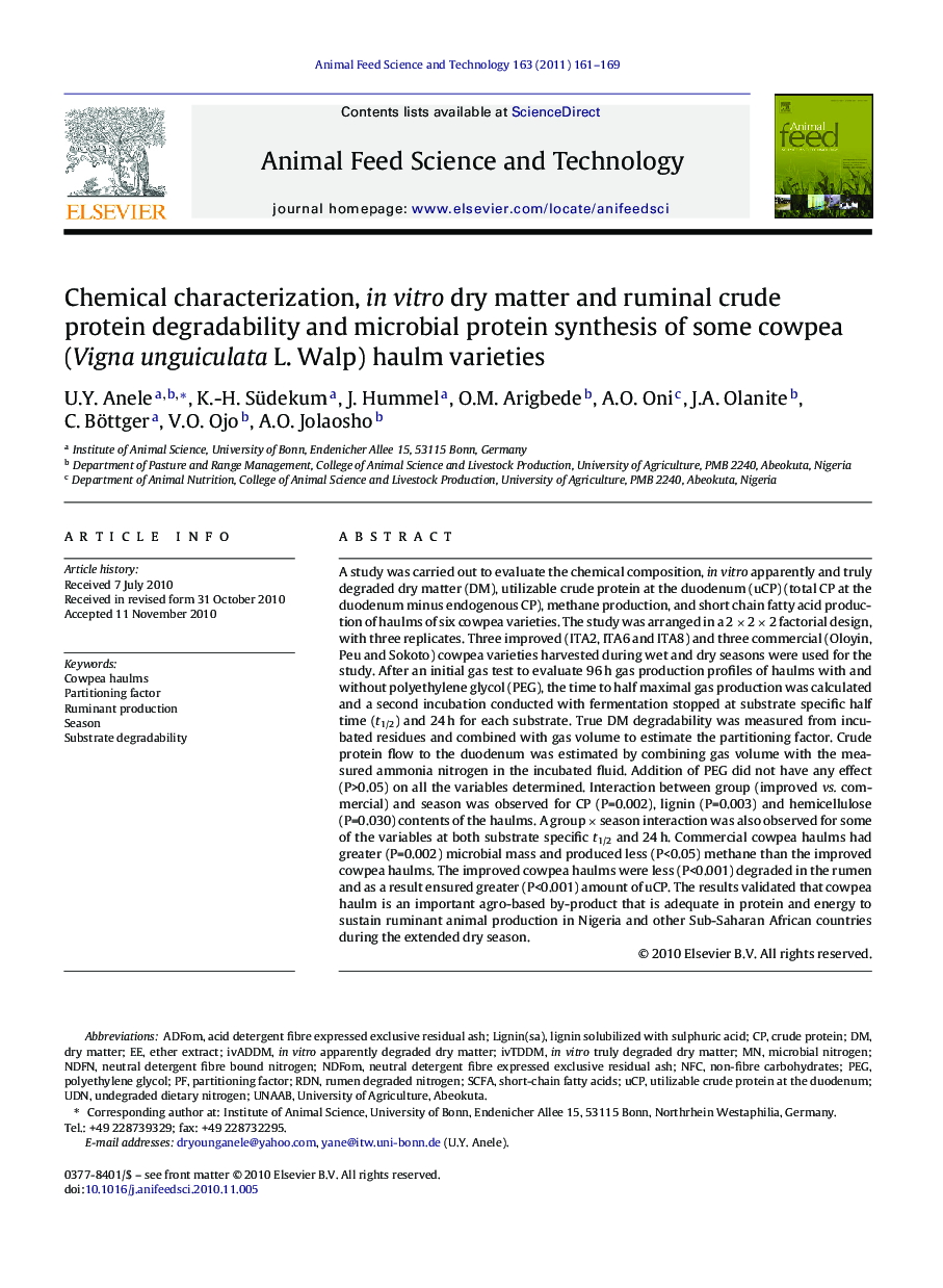 Chemical characterization, in vitro dry matter and ruminal crude protein degradability and microbial protein synthesis of some cowpea (Vigna unguiculata L. Walp) haulm varieties