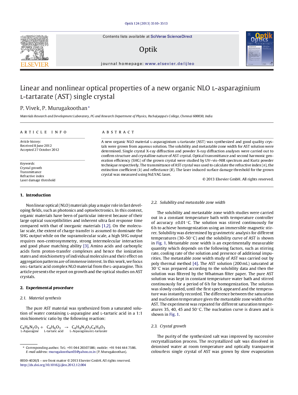 Linear and nonlinear optical properties of a new organic NLO l-asparaginium l-tartarate (AST) single crystal