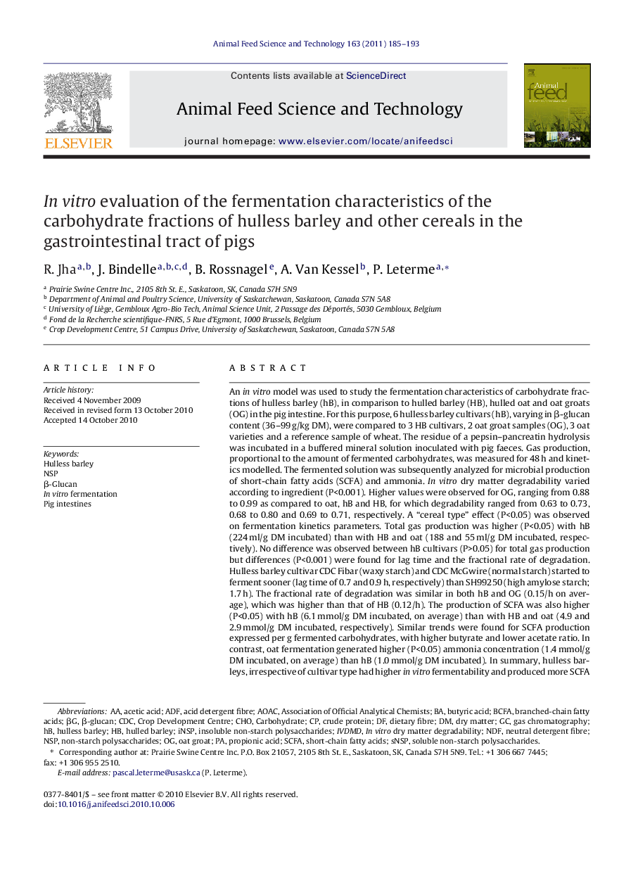 In vitro evaluation of the fermentation characteristics of the carbohydrate fractions of hulless barley and other cereals in the gastrointestinal tract of pigs