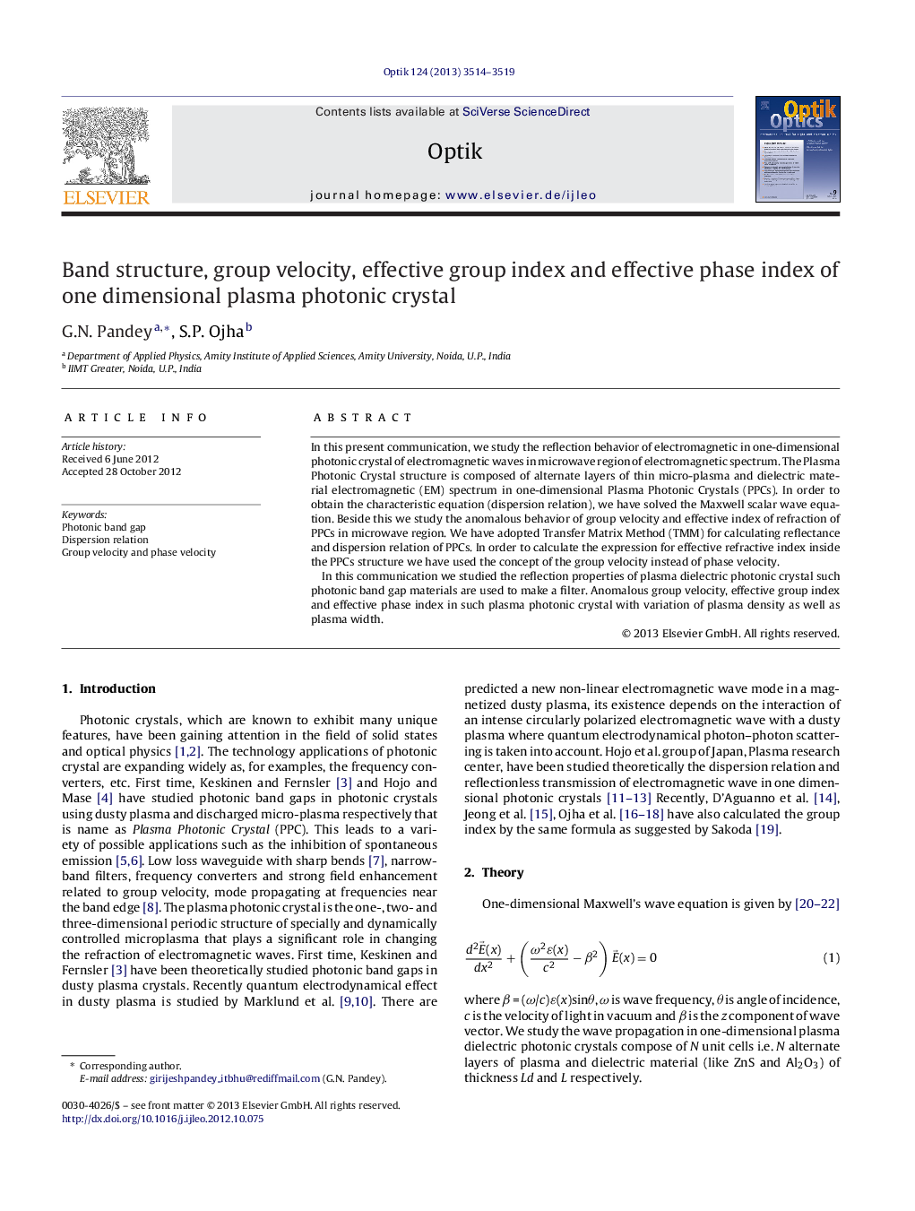 Band structure, group velocity, effective group index and effective phase index of one dimensional plasma photonic crystal