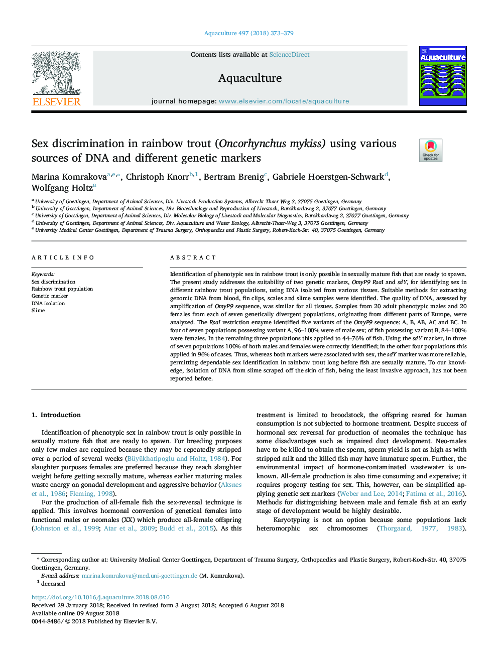 Sex discrimination in rainbow trout (Oncorhynchus mykiss) using various sources of DNA and different genetic markers