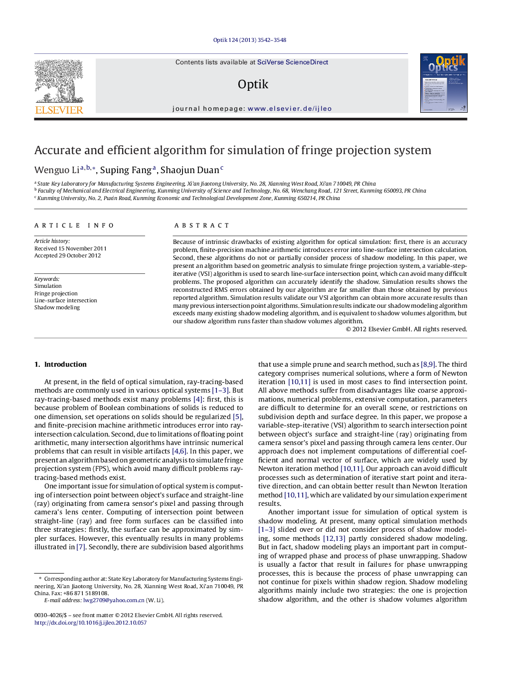 Accurate and efficient algorithm for simulation of fringe projection system