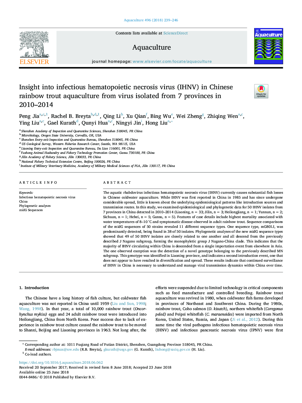 Insight into infectious hematopoietic necrosis virus (IHNV) in Chinese rainbow trout aquaculture from virus isolated from 7 provinces in 2010-2014