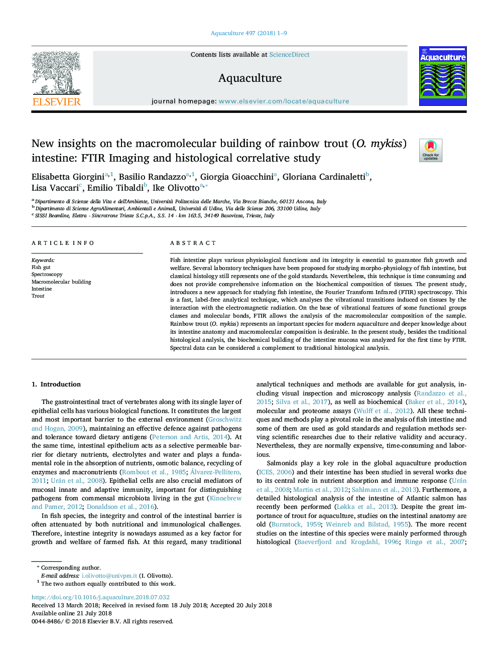 New insights on the macromolecular building of rainbow trout (O. mykiss) intestine: FTIR Imaging and histological correlative study