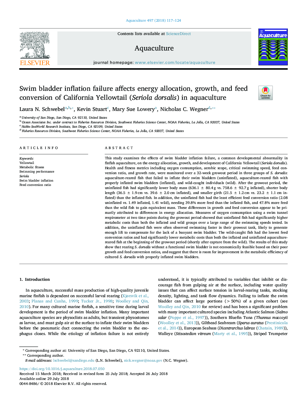 Swim bladder inflation failure affects energy allocation, growth, and feed conversion of California Yellowtail (Seriola dorsalis) in aquaculture