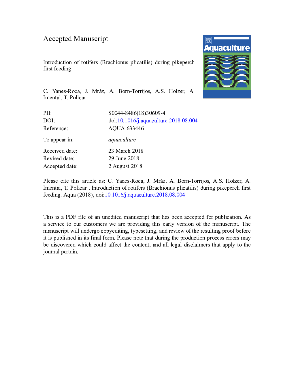 Introduction of rotifers (Brachionus plicatilis) during pikeperch first feeding