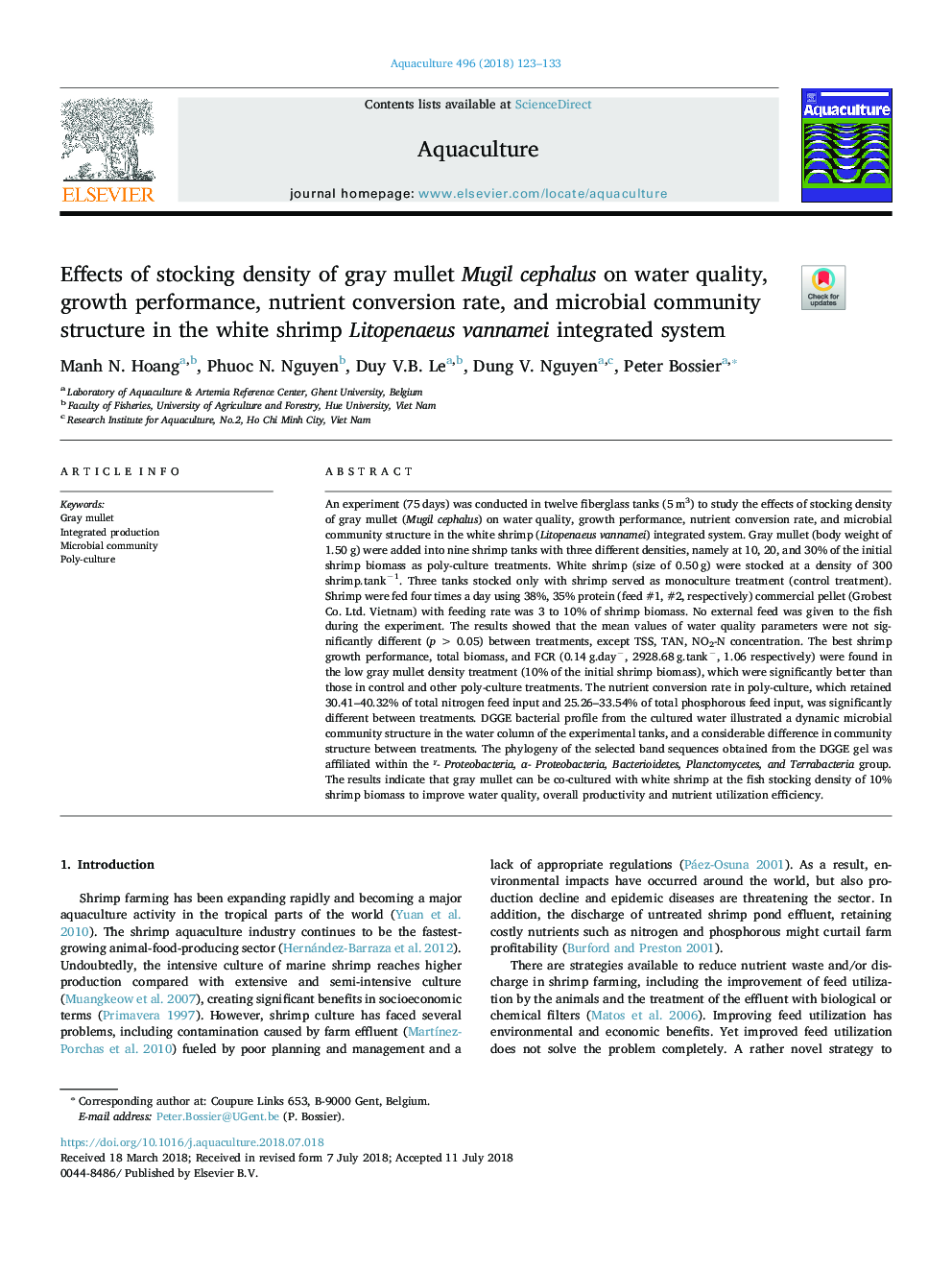 Effects of stocking density of gray mullet Mugil cephalus on water quality, growth performance, nutrient conversion rate, and microbial community structure in the white shrimp Litopenaeus vannamei integrated system