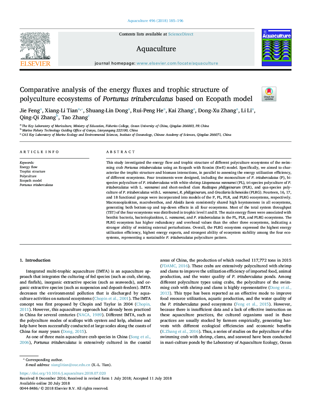 Comparative analysis of the energy fluxes and trophic structure of polyculture ecosystems of Portunus trituberculatus based on Ecopath model