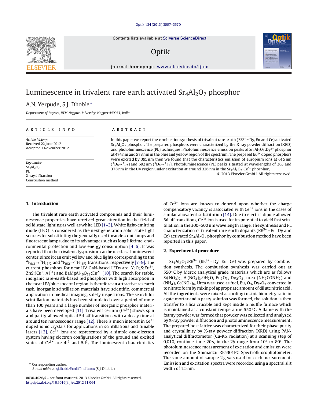 عکس صفحه اول مقاله: Luminescence in trivalent rare earth activated Sr4Al2O7 phosphor Luminescence in trivalent rare earth activated Sr4Al2O7 phosphor