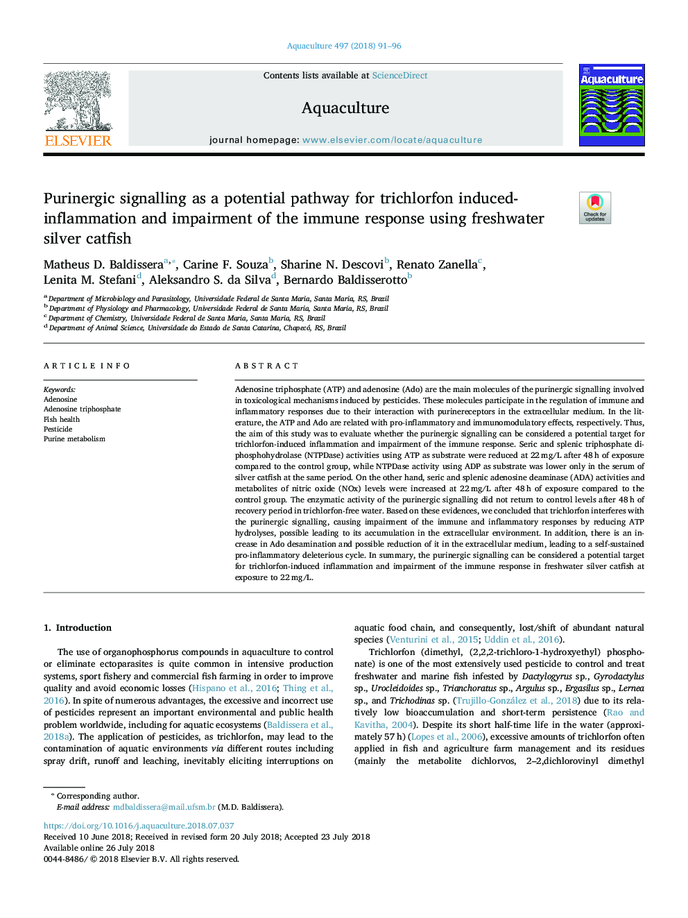 Purinergic signalling as a potential pathway for trichlorfon induced-inflammation and impairment of the immune response using freshwater silver catfish