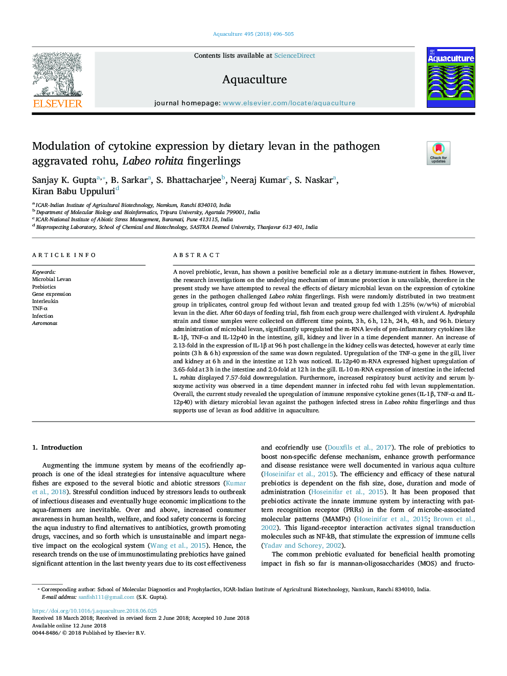 Modulation of cytokine expression by dietary levan in the pathogen aggravated rohu, Labeo rohita fingerlings