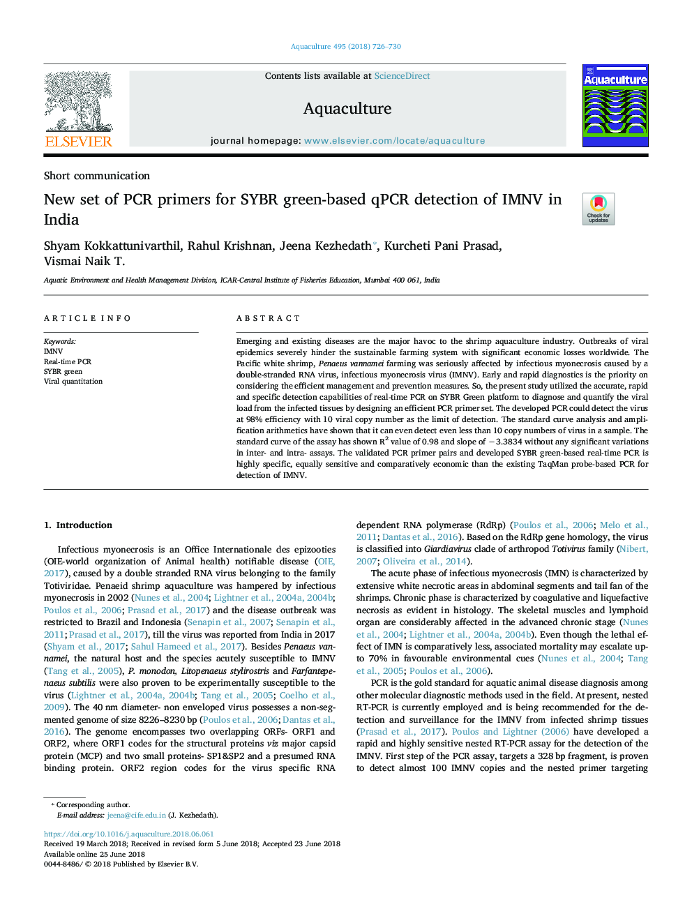 New set of PCR primers for SYBR green-based qPCR detection of IMNV in India