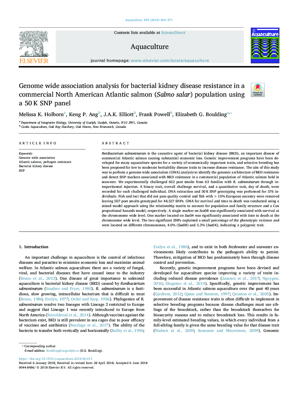 Genome wide association analysis for bacterial kidney disease resistance in a commercial North American Atlantic salmon (Salmo salar) population using a 50â¯K SNP panel