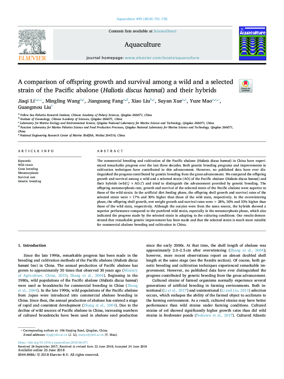 A comparison of offspring growth and survival among a wild and a selected strain of the Pacific abalone (Haliotis discus hannai) and their hybrids