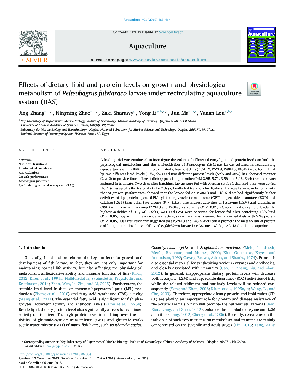 Effects of dietary lipid and protein levels on growth and physiological metabolism of Pelteobagrus fulvidraco larvae under recirculating aquaculture system (RAS)