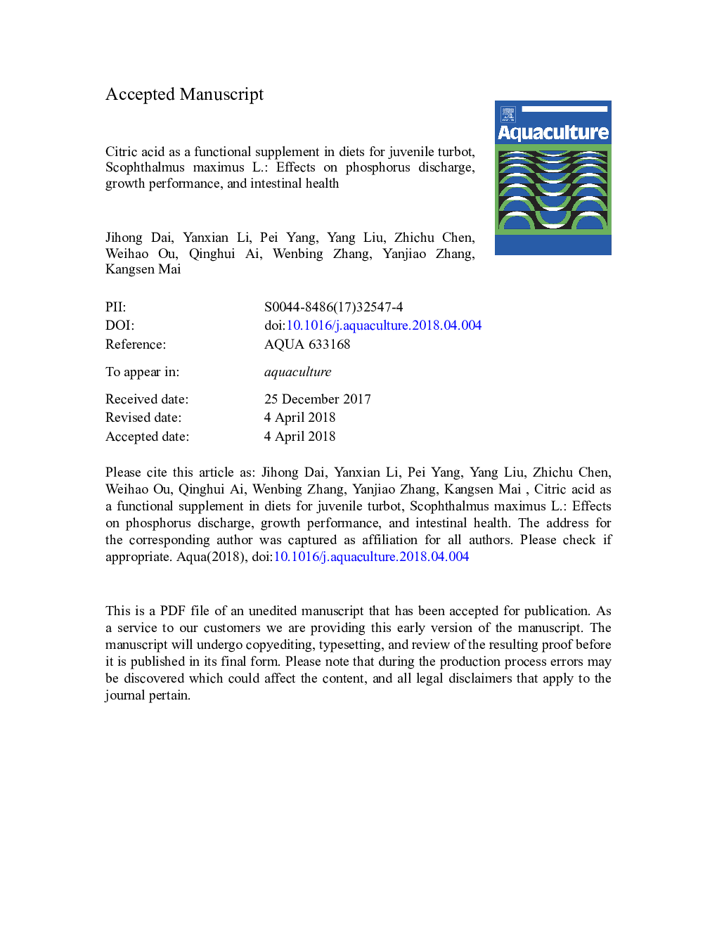 Citric acid as a functional supplement in diets for juvenile turbot, Scophthalmus maximus L.: Effects on phosphorus discharge, growth performance, and intestinal health